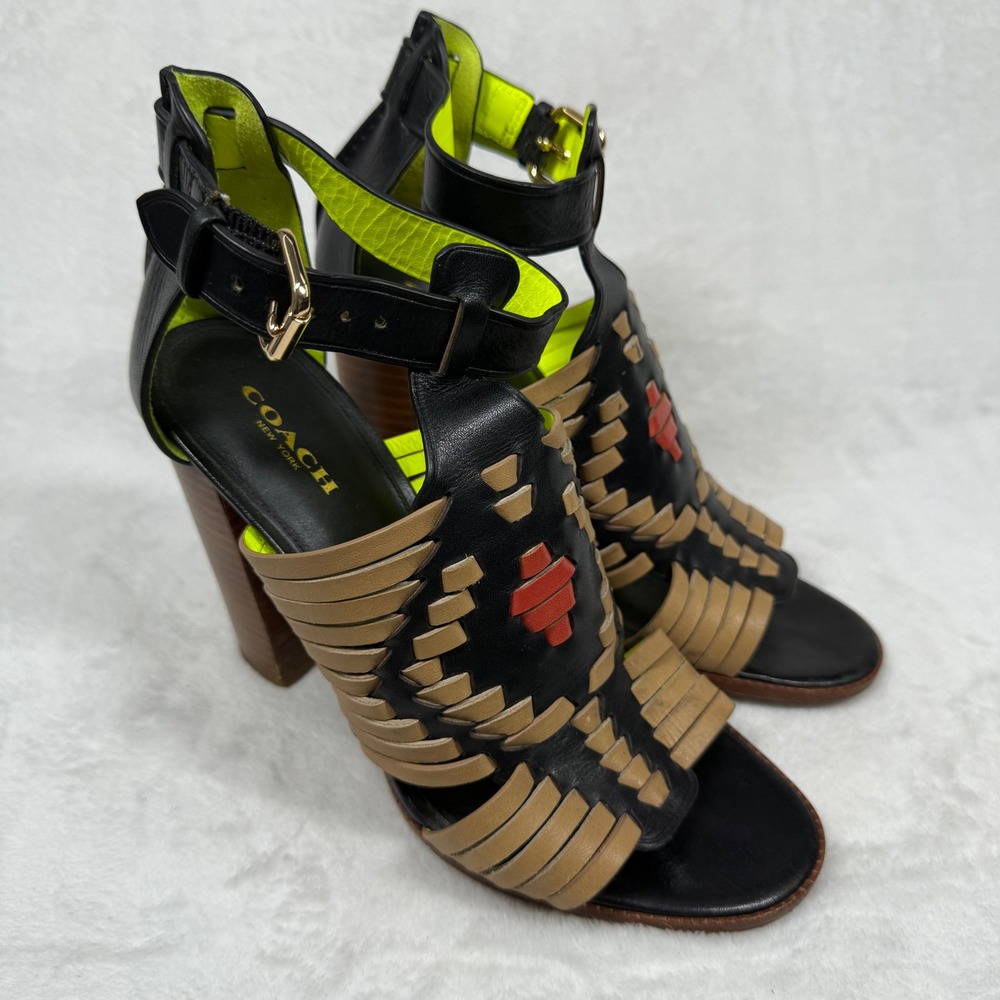 Coach Black Tan Neon‎ Woven Leather Block Heel Sandals Buckle Ankle Strap 7